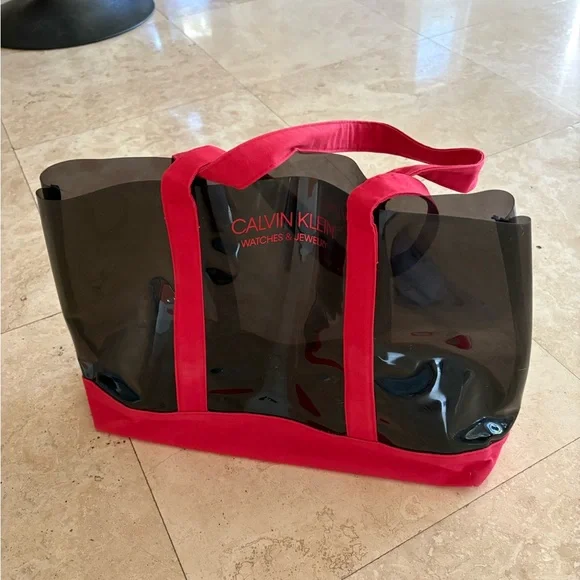 Calvin Klein Black Patent Tote with Red Handles and Base - Picture 6 of 7
